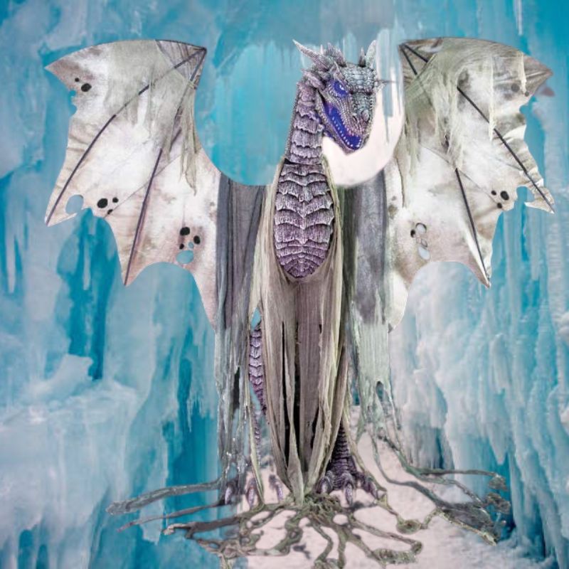 7 foot tall Winter Dragon Animated Prop with glowing eyes and moving wings