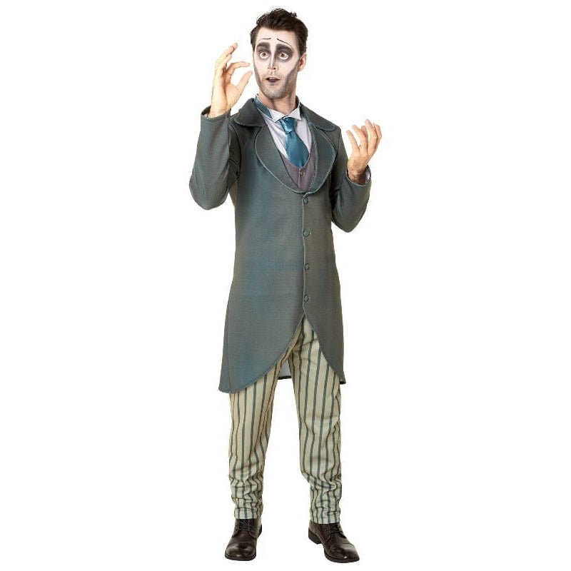 Victor Corps Bride Halloween Men's Adult Costume featuring black jacket, pants, and white shirt with long sleeves, perfect for spooky parties and events 