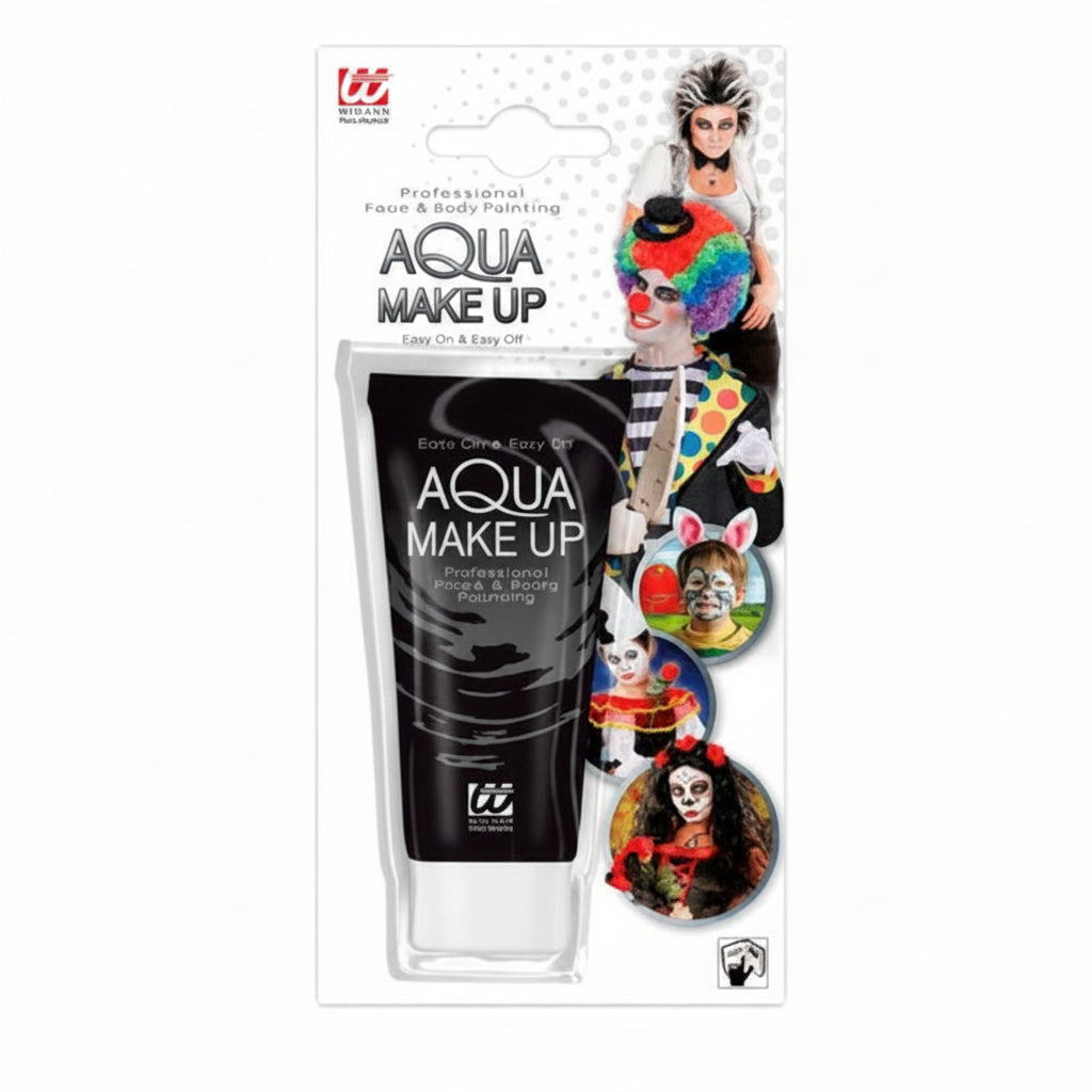 Wella Professionals Aqua Make Up face and body painting tube in its original blister packaging, featuring a black squeeze tube and a white backing card with colorful clown and face-paint illustrations.