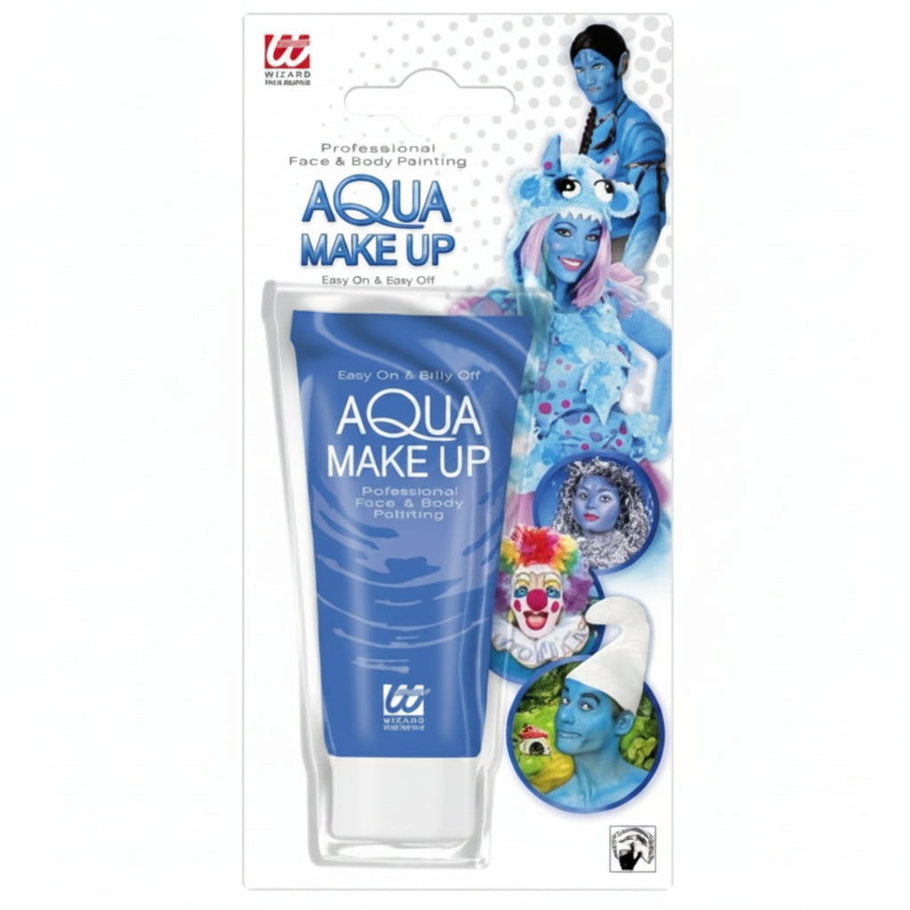 Wizards of the Coast Aqua Make Up face and body paint kit in its original blister card packaging, featuring a blue squeeze tube and a clear applicator with colorful paint pots.