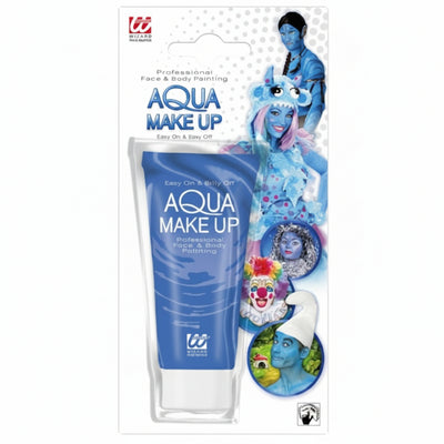 Wizards of the Coast Aqua Make Up face and body paint kit in its original blister card packaging, featuring a blue squeeze tube and a clear applicator with colorful paint pots.