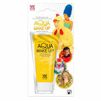Aqua Make Up face and body painting kit in its original retail blister packaging, featuring a yellow tube and a clear applicator bottle, with cartoon illustrations of characters on the backing card.