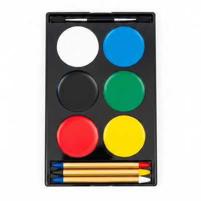 A black plastic magic paint kit with six circular color wells in white, blue, black, green, red, and yellow, plus a small brush at the top and a slot holding gold-tipped sticks at the bottom, shown on a white background.