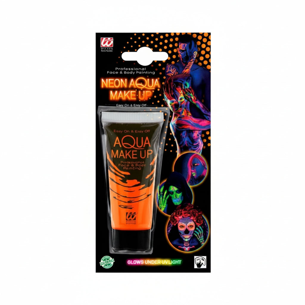 Neon Aqua Make-Up packaging with a tube of makeup and UV-reactive images on the packaging.