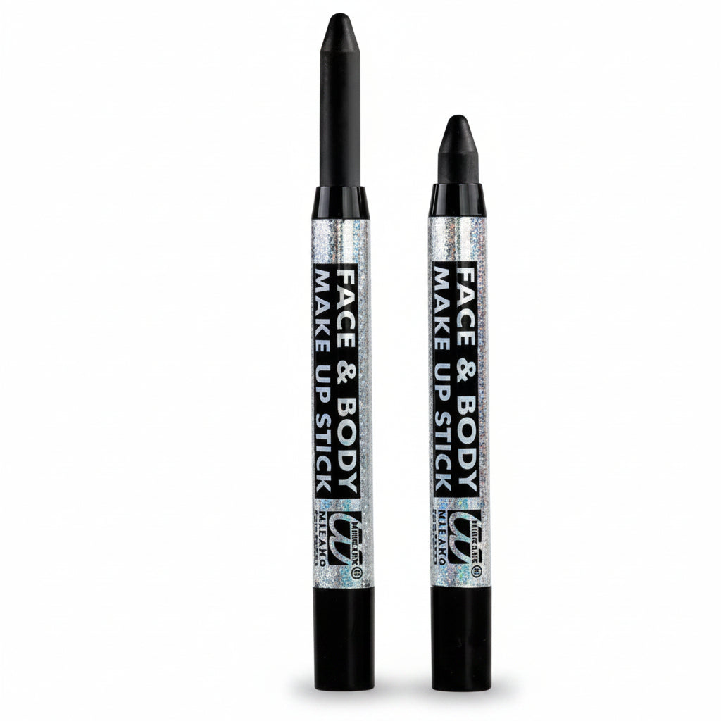 Two black makeup sticks labeled 'FACE & BODY MAKE UP STICK' with silver glitter accents, shown on a plain white background.