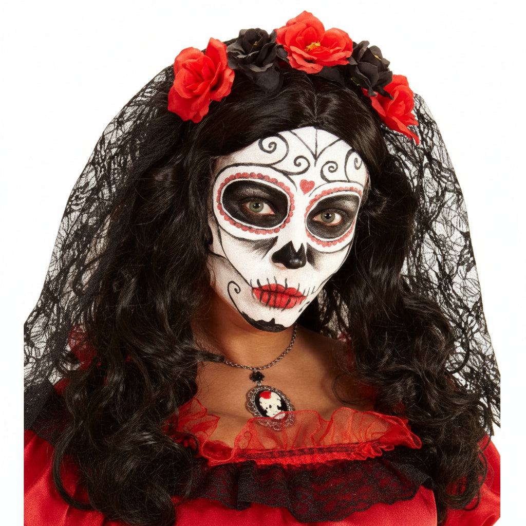 A person wearing Day of the Dead style face makeup with white, black, and red skull design, long black wavy hair, red flowers in the hair, and a black lace veil. The image is tightly cropped from the chest up against a white background.