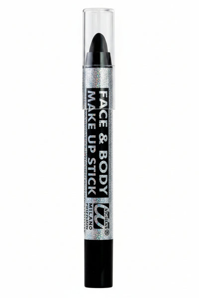A single-ender makeup stick with a clear cap, showing a black tip, labeled 'FACE & BODY MAKE UP STICK' on a white background.