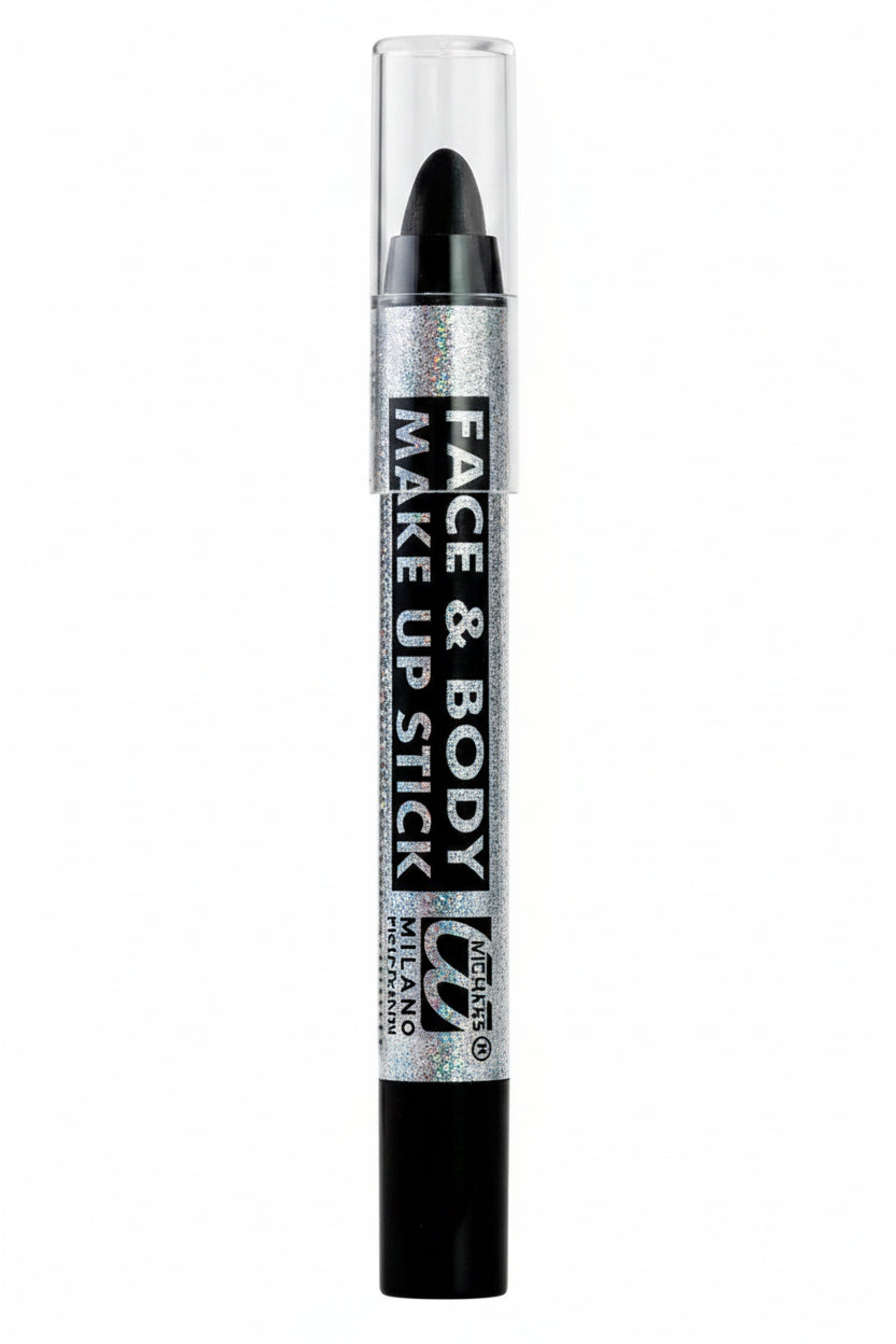 A single-ender makeup stick with a clear cap, showing a black tip, labeled 'FACE & BODY MAKE UP STICK' on a white background.