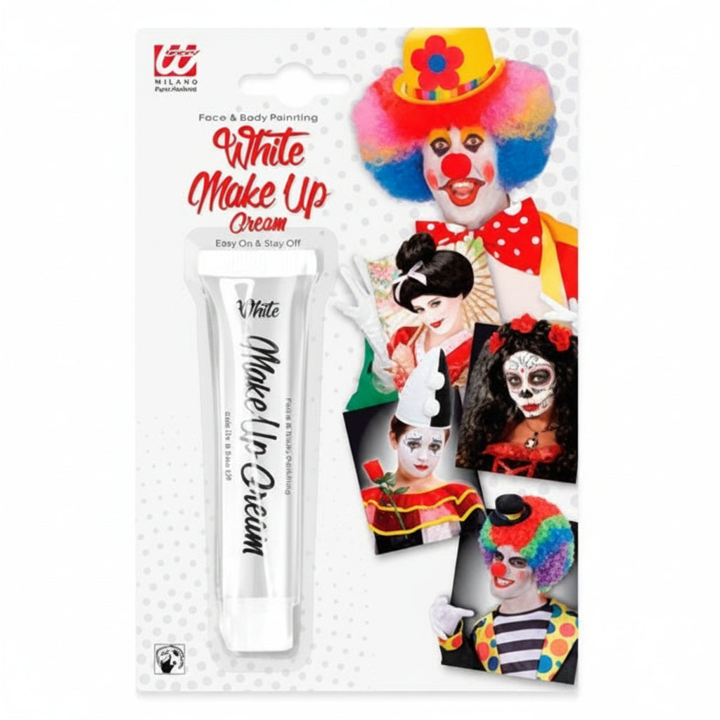 White Make Up Cream tube in a clear blister pack with a printed backing card showing clown and face-paint examples. The package includes the visible brand name 'W2' and product text 'Face & Body Painting White Make Up Cream'.