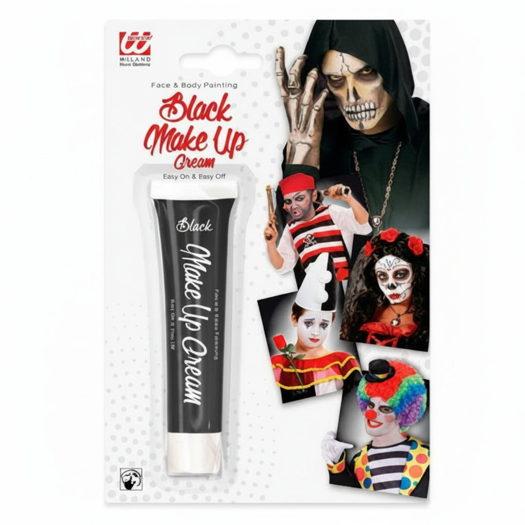 A tube of 166 Face & Make Up Painting Black Make Up Cream shown on its retail blister card, which features various example illustrations of Halloween and Day of the Dead face paint styles.