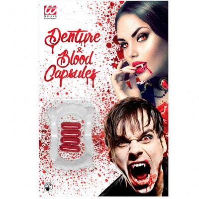 Pack of fake Denture Blood Capsules on a white blister card with vampire-themed graphics and photos of a woman and a man with blood on their faces.