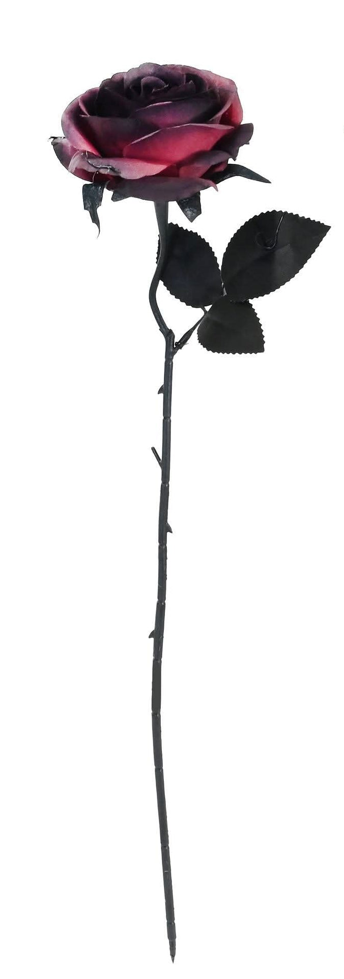 Artificial long-stemmed roses on a plain white background,  dark red
