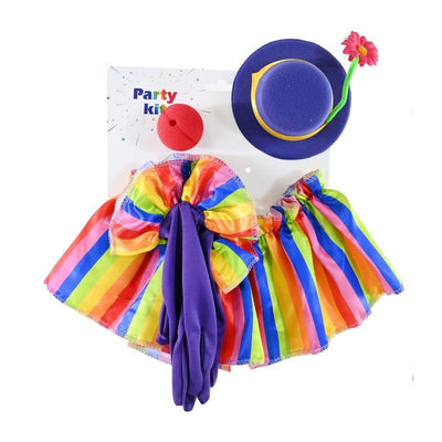 A children's party costume set displayed on a white background, including a rainbow striped tutu skirt with a large purple bow, matching purple gloves, a blue party hat with a flower accent, and a red ball.
