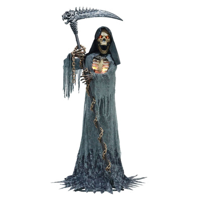 Life-size Grim Reaper animatronic with glowing red eyes, bone scythe, chains and tattered grey robe