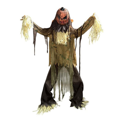 Life-size evil pumpkin scarecrow animatronic with carved jack-o-lantern head, arms outstretched, tattered dark robe with straw fringe detailing