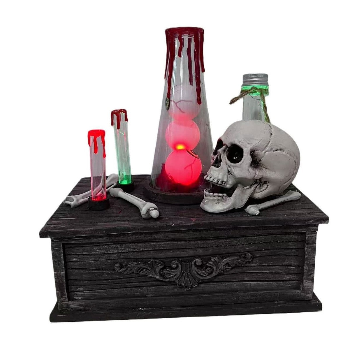 27cm animated lavatory bench Halloween decoration with glowing red flask, dripping candles, skull, crossed bones and green bottle on dark ornate wooden chest