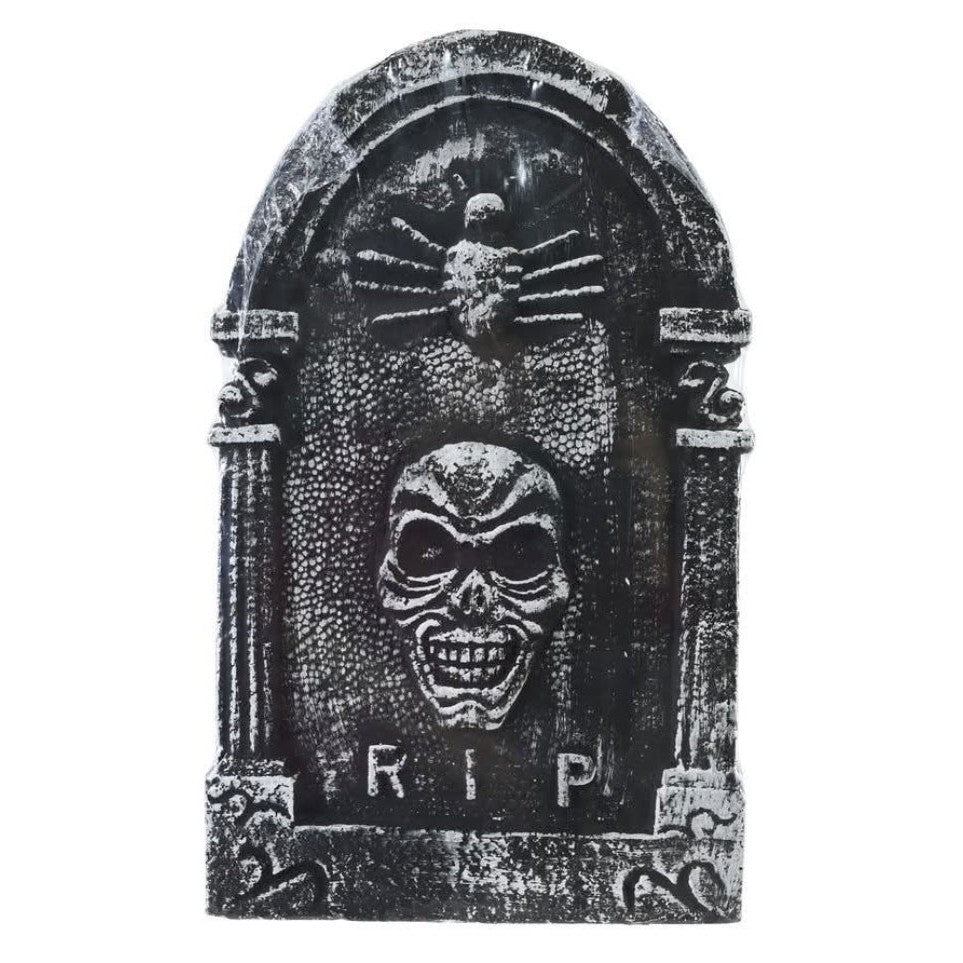 Three black Halloween tombstone decorations with skull and bat designs, shown against a plain white background.