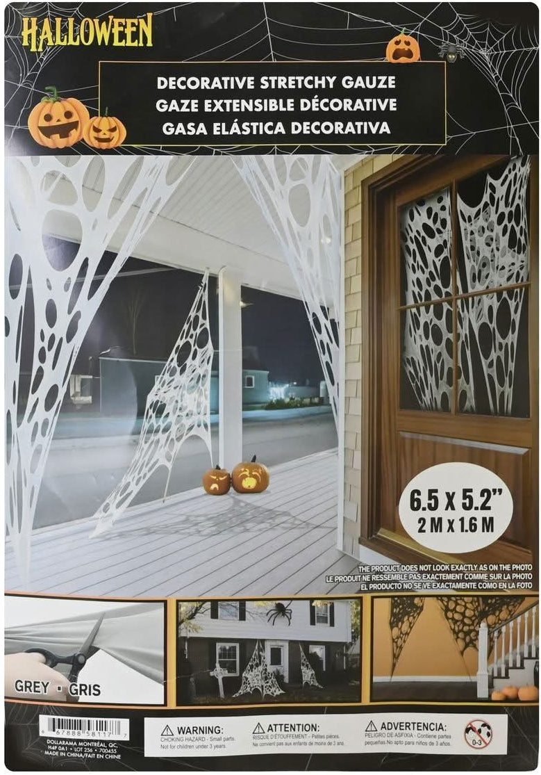 Halloween decorative stretch spider web packaging with a sample installation on a building.