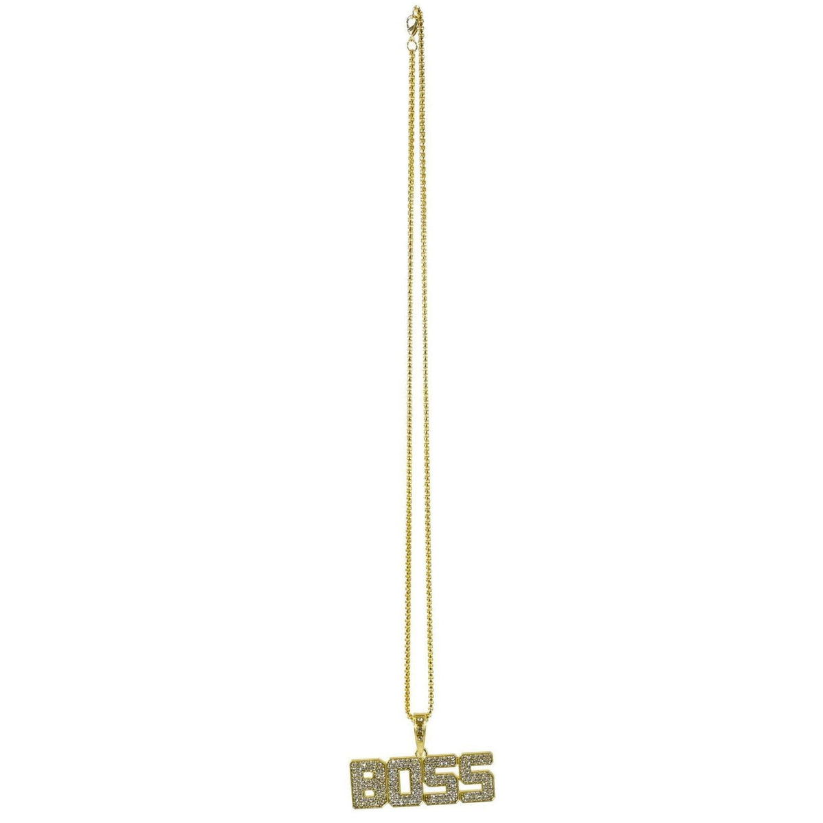 Gold-tone chain necklaces with humorous pendant charms spelling 'BOSS'' on a plain white background
