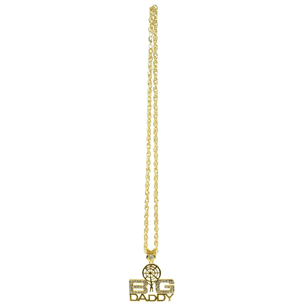 Gold-tone chain necklaces with humorous pendant charms spelling 'BIG DADDY',  on a plain white background