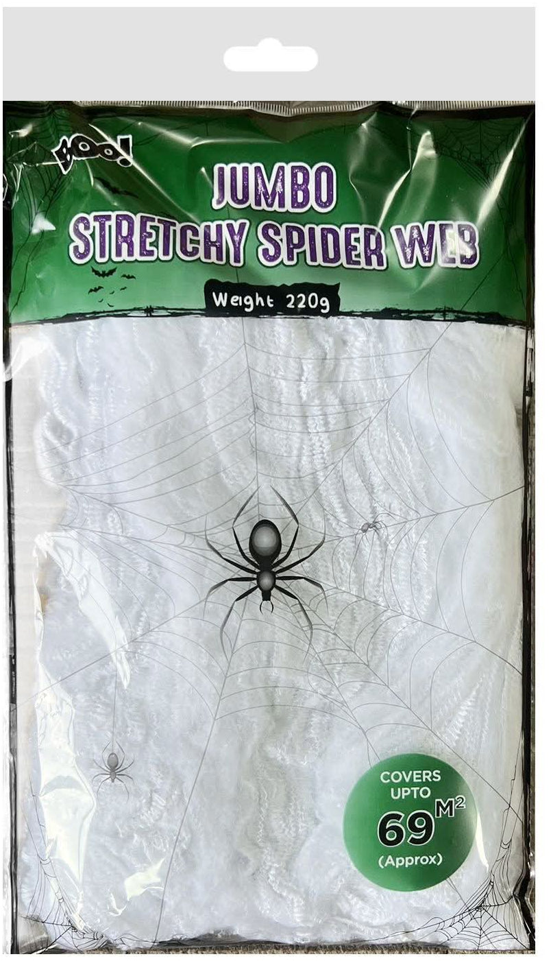 Packaged white jumbo stretchy spider web Halloween decoration with a green header card and a black spider graphic, shown on a plain white background.