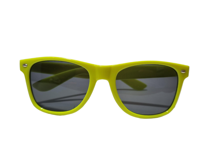 Stylish neon glasses with blue frames and UV-protective lenses for summer parties