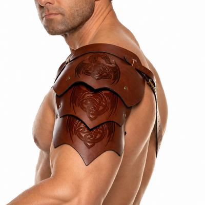 Dragon Warrior Faux Leather Double Shoulder Pauldron, Brown