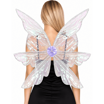 Two views of a fairy costume wing backpiece shown on a model from the back, wearing a black dress. The left wing piece has iridescent peach and gold patterned wings with a purple and teal center.