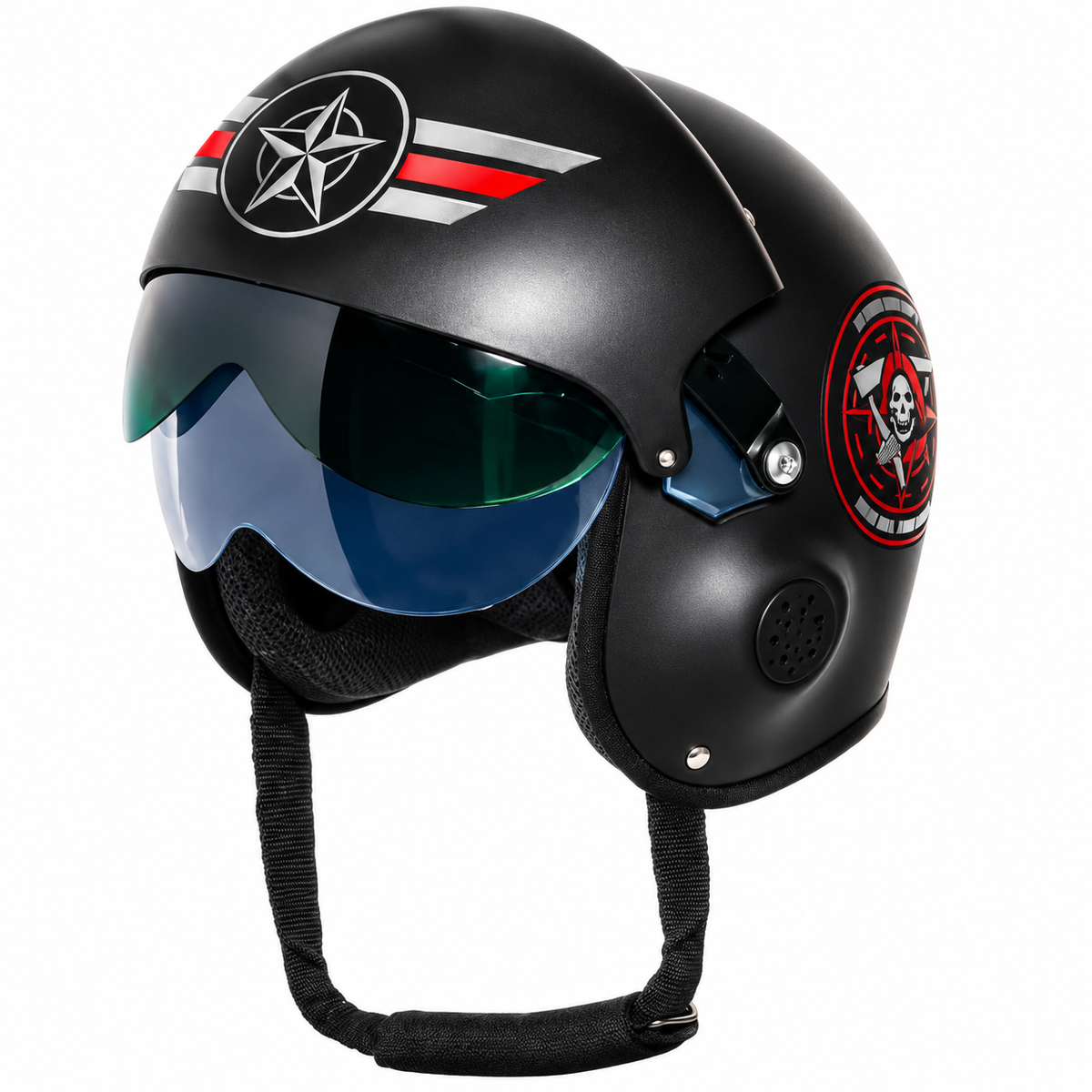 A matte black open-face motorcycle helmet with a tinted blue visor, featuring a white star logo with red and white stripes on the front and a circular skull emblem on the side.