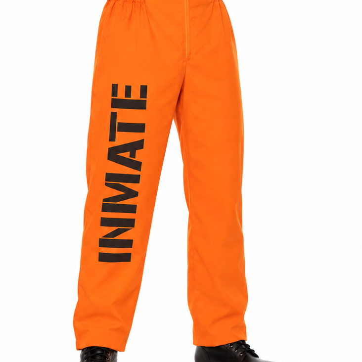 A man modeling an orange inmate jumpsuit costume with black text reading 'INMATE' down the leg and 'VISITOR' on the chest, standing against a white background.
