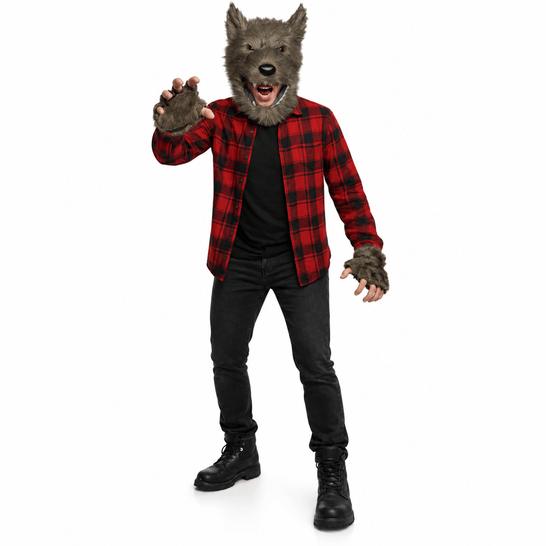 A person modeling a wolf costume accessory set, featuring a realistic gray wolf head mask, furry clawed gloves, and a red and black buffalo plaid flannel shirt over a black t-shirt and jeans, on a solid white background.
