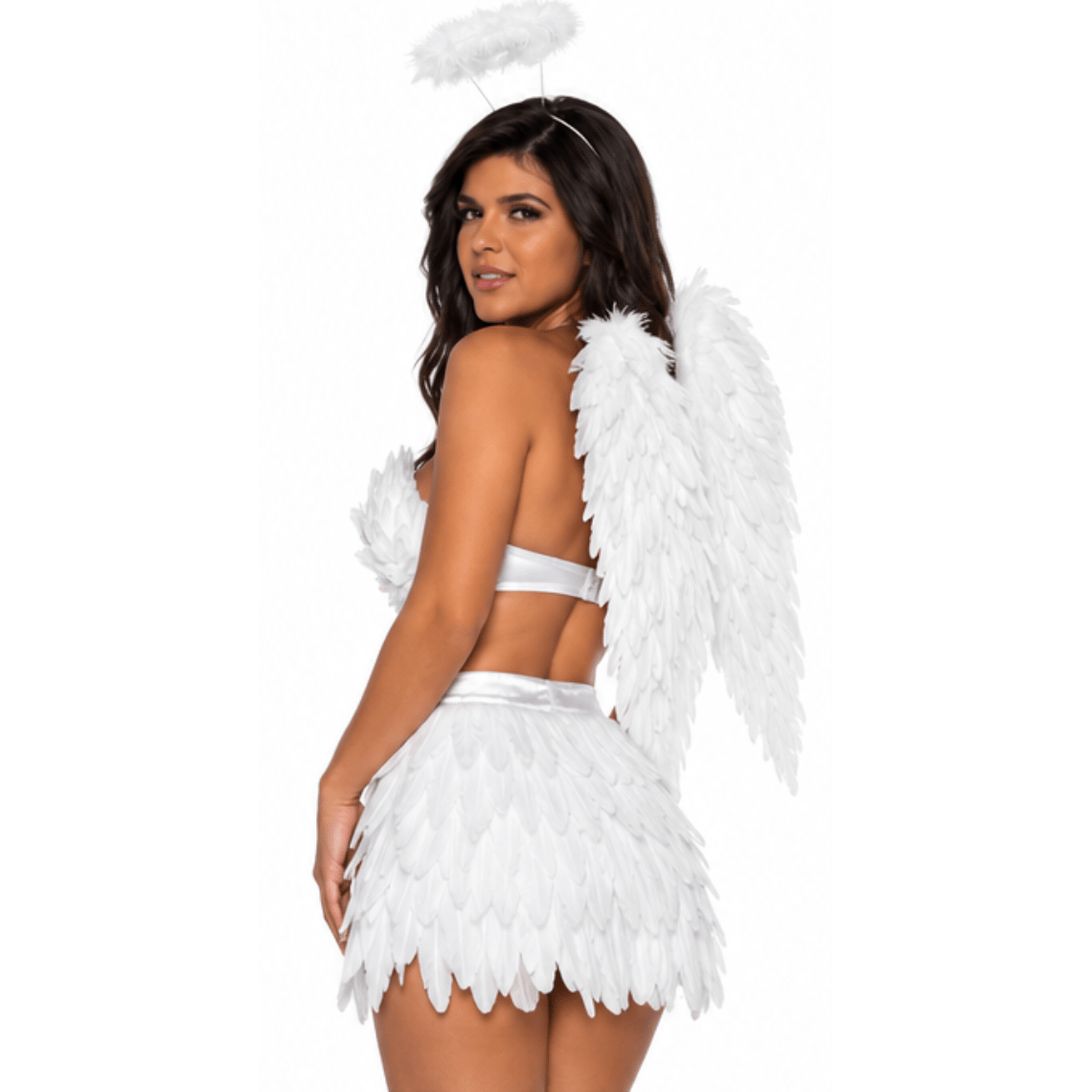 A woman modeling a white angel costume set with feathered wings, a feathered crop top, a short feathered skirt, and a matching halo against a plain white background. Three views are shown: front, back, and side profile.