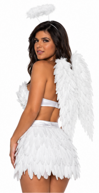 A woman modeling a white angel costume set with feathered wings, a feathered crop top, a short feathered skirt, and a matching halo against a plain white background. Three views are shown: front, back, and side profile.