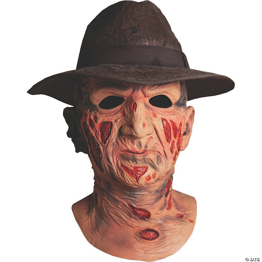 Alt text: Realistic Adult A Nightmare on Elm Street Deluxe Freddy Mask with Hat for Halloween Costume, featuring burnt skin, fedora, and signature glove