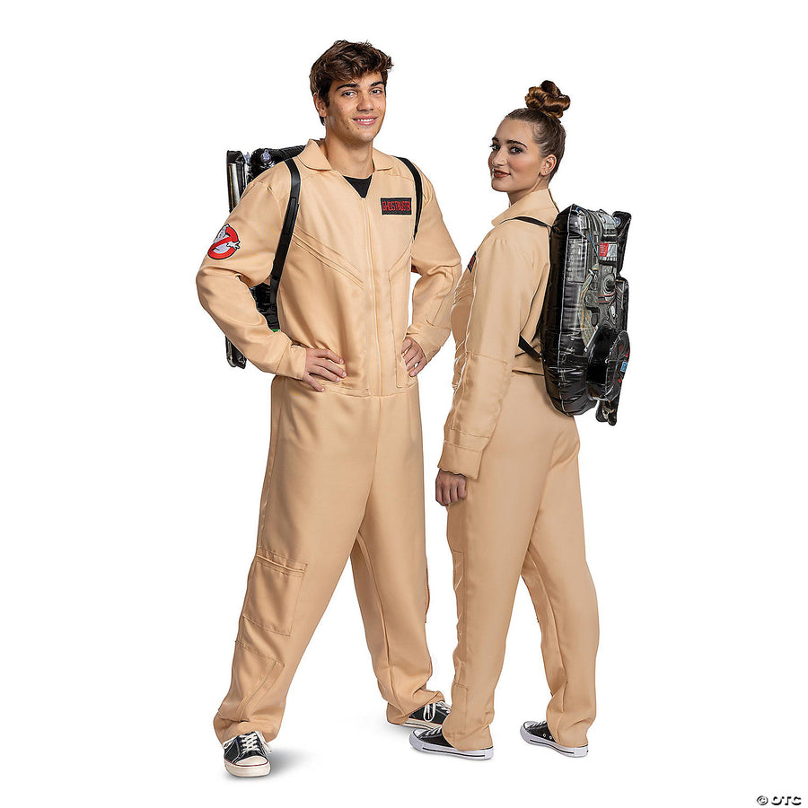 Adult Deluxe 80s Ghostbusters Costume with iconic jumpsuit and proton pack