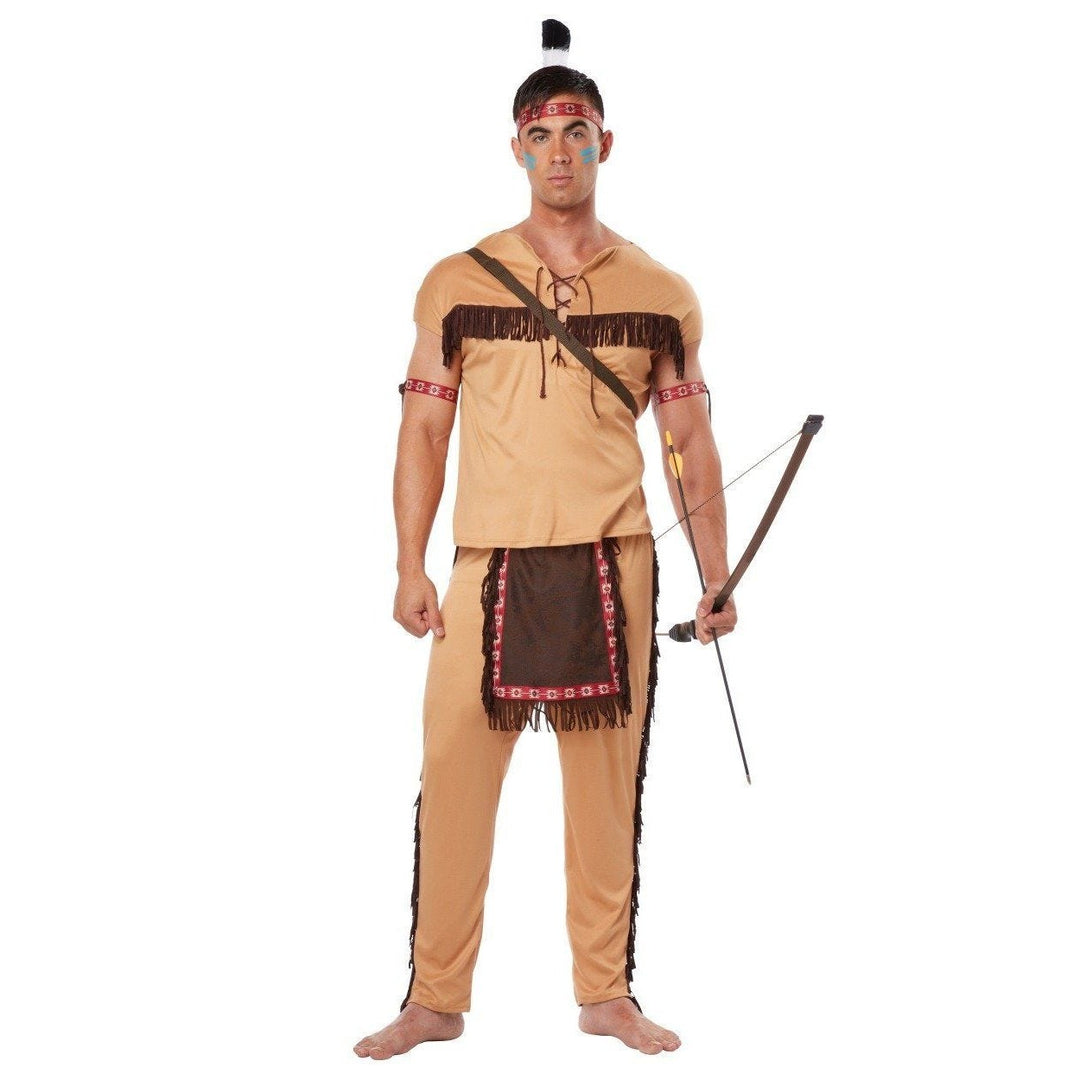 Full-length image of a Native American Brave Adult Indian Costume, featuring intricate fringe and feather details, perfect for cultural or costume events