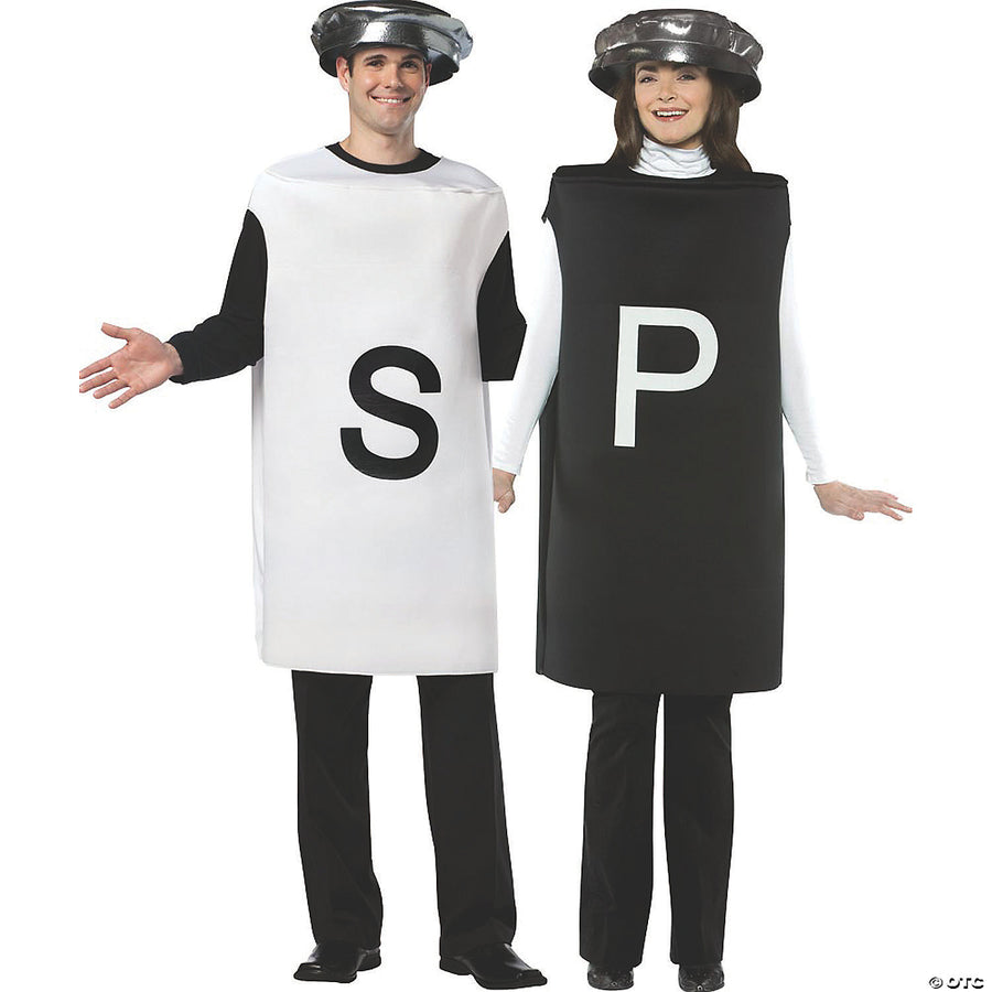 Two adult Halloween costumes in the form of salt and pepper shakers standing together
