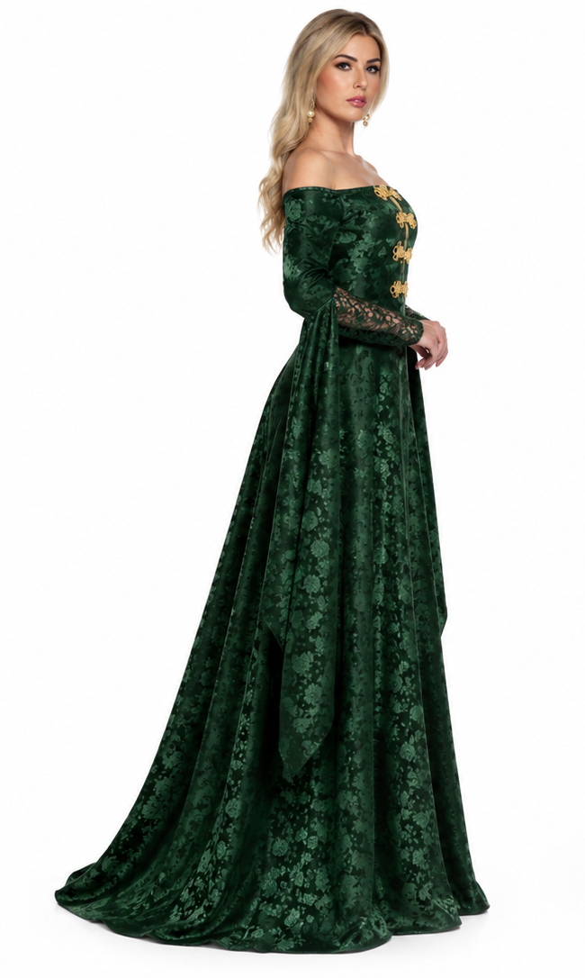 A woman modeling an off-the-shoulder long-sleeve floor-length gown in dark green floral lace, shown from both the front and back views against a plain white background.