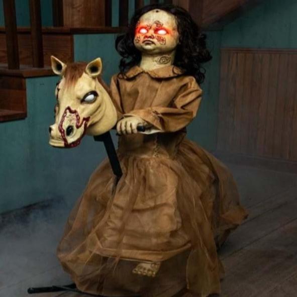 Adorable 35' light up talking doll sitting on an animated rocking horse