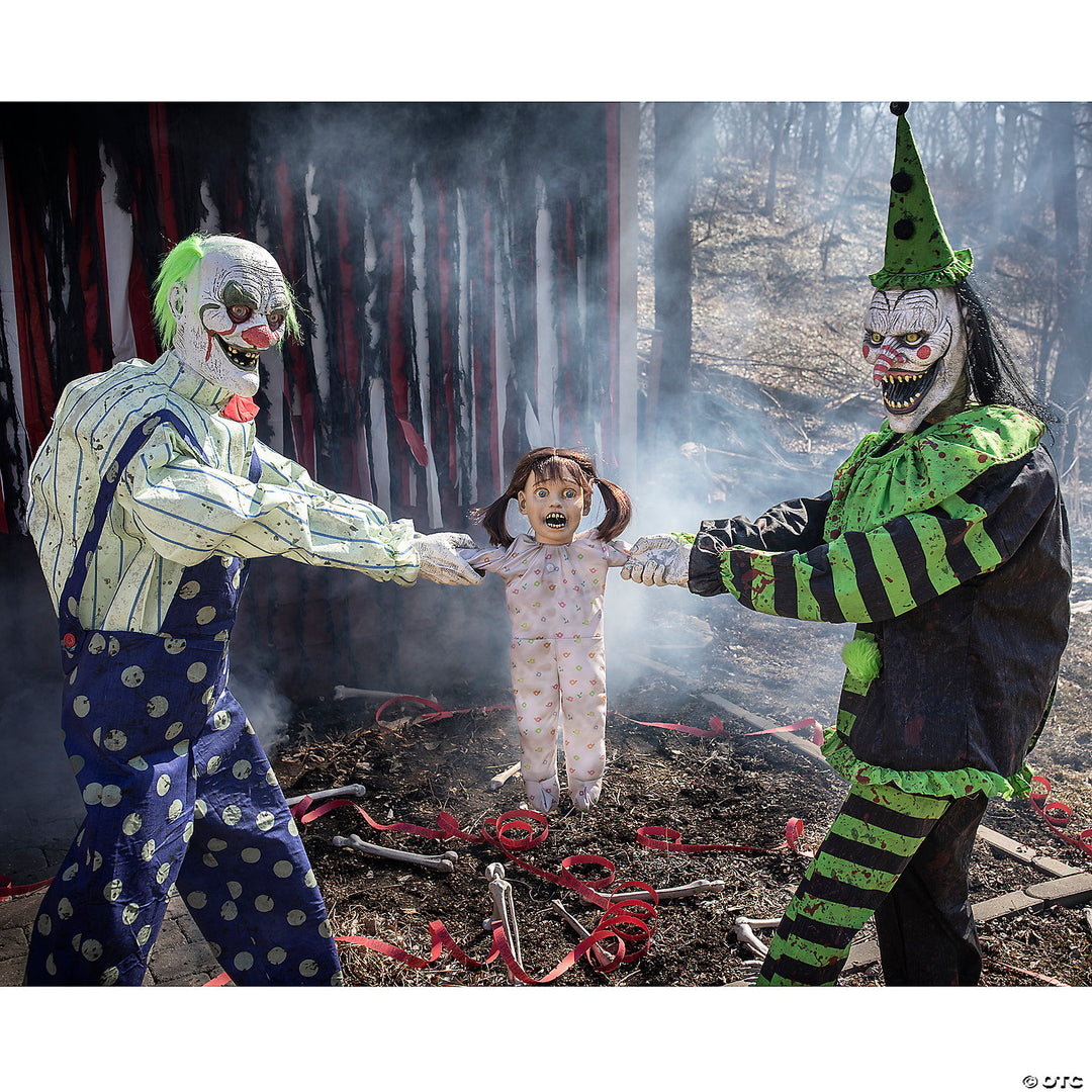 Two Vibrant Clowns Engaging in a Playful Tug of War Game with Expressive Gestures and Fun Props