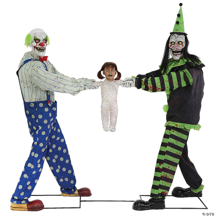 Colorful and Animated Tug of War Clowns in Green and Black Entertaining Children with Their Playful Performance