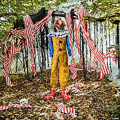 Spooky Halloween decoration featuring an animated clown prop with lifelike twitching motion