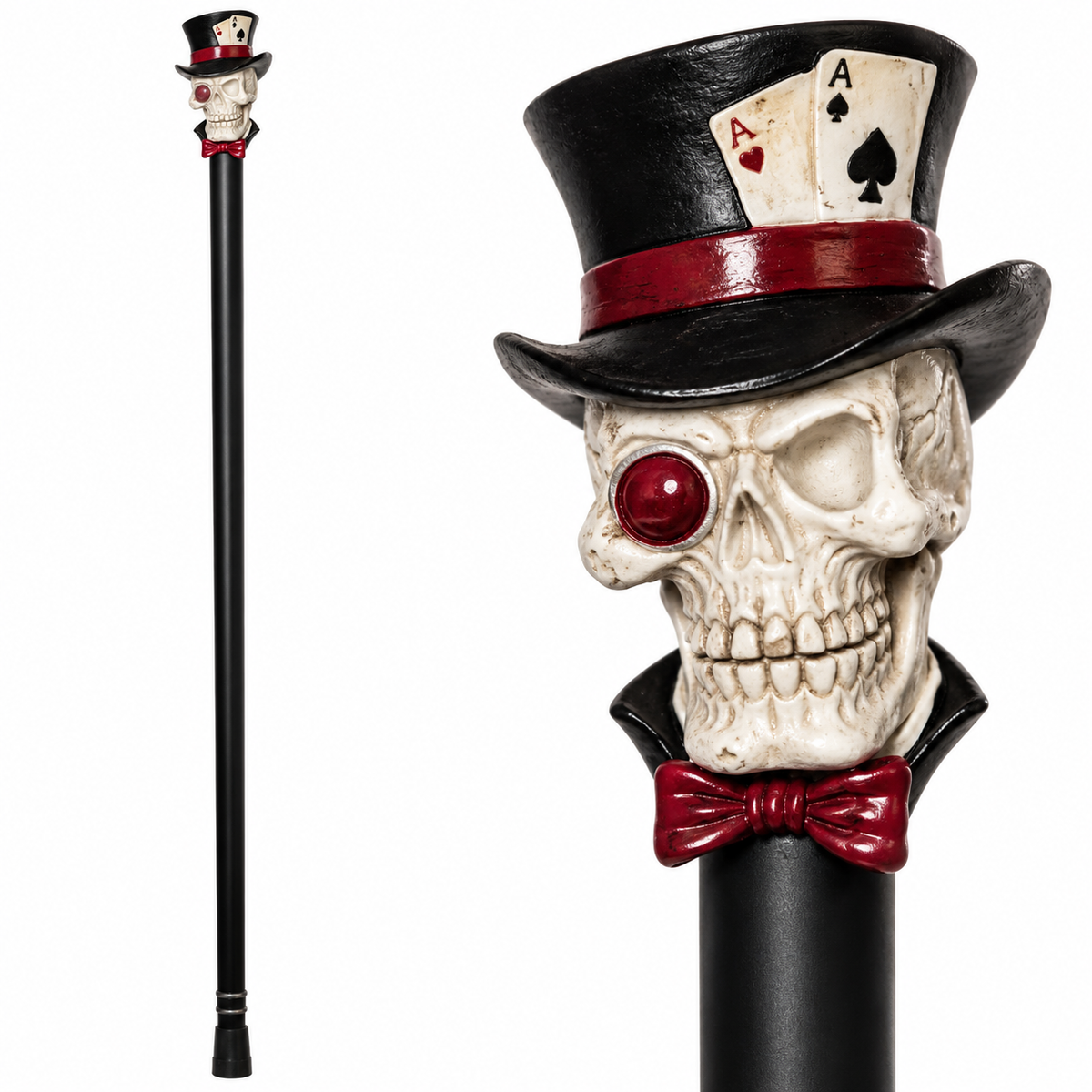 A gothic-style skull hand杖 featuring a detailed skull sculpted under a black top hat with red accents, a red bow tie, and playing card designs on the hat. The left side shows a full-length view of the black handlebar, and the right side shows a close-up of the skull and hat.