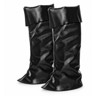 A pair of black mid-calf boots with a wide, folded cuff and a draped, gathered silhouette, shown against a plain white background.