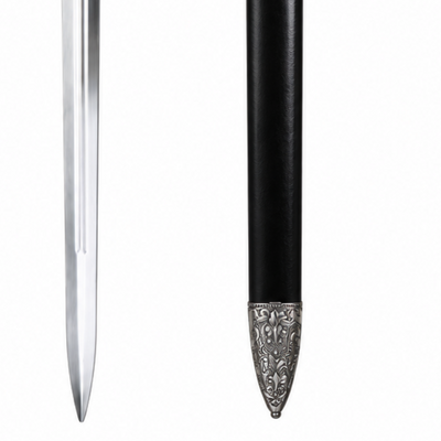 A decorative sword with a polished silver blade, ornate silver crossguard and pommel, and a black grip, shown next to its matching black sheath with silver decorative fittings on a plain white background.