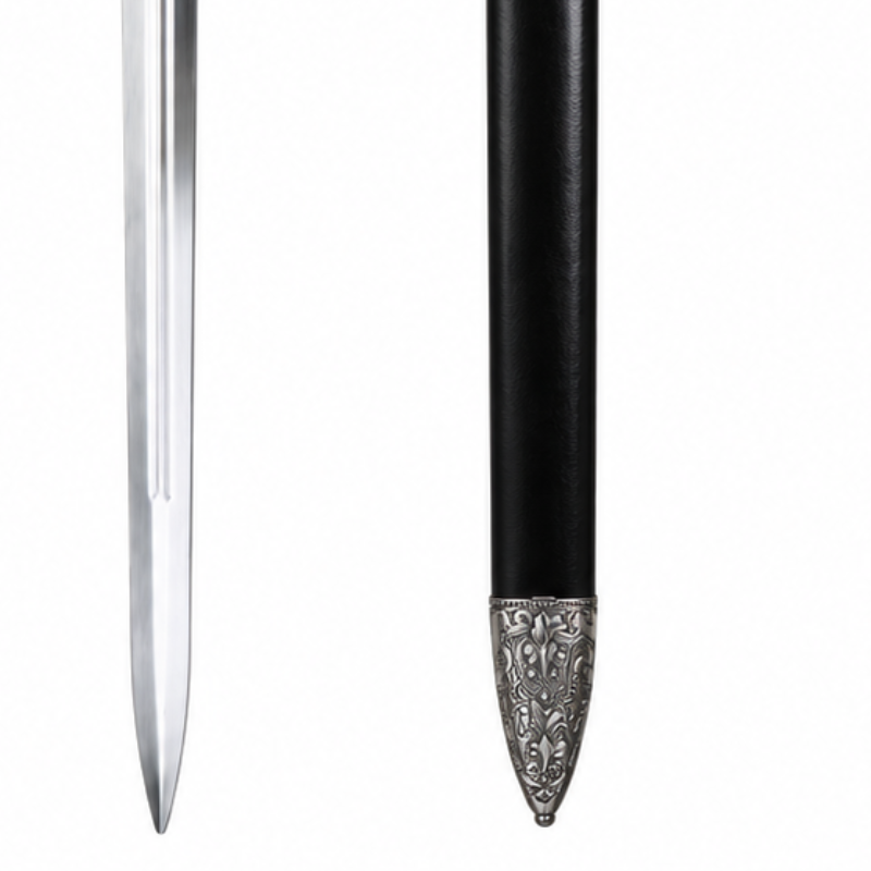 A decorative sword with a polished silver blade, ornate silver crossguard and pommel, and a black grip, shown next to its matching black sheath with silver decorative fittings on a plain white background.