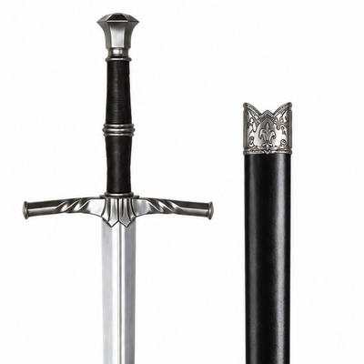 A decorative sword with a polished silver blade, ornate silver crossguard and pommel, and a black grip, shown next to its matching black sheath with silver decorative fittings on a plain white background.