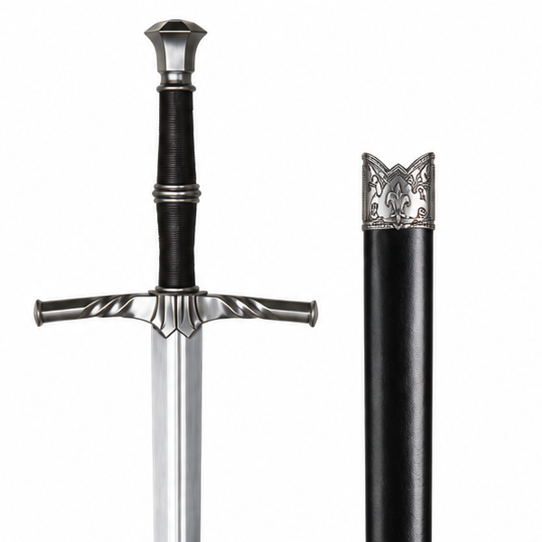 A decorative sword with a polished silver blade, ornate silver crossguard and pommel, and a black grip, shown next to its matching black sheath with silver decorative fittings on a plain white background.