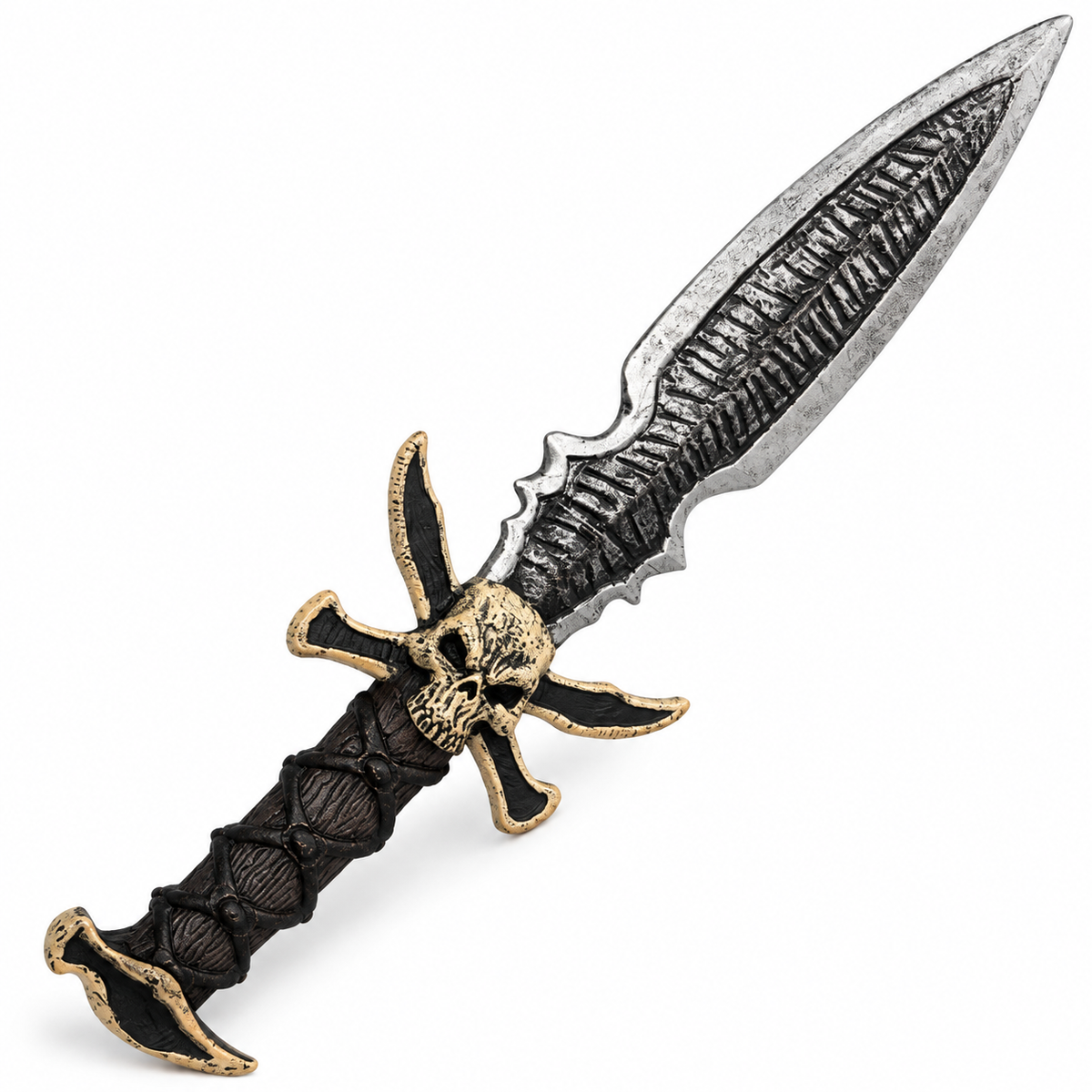 A decorative dagger with a textured silver blade, a black handle, and gold-toned skull and crossguard details, shown on a plain white background.