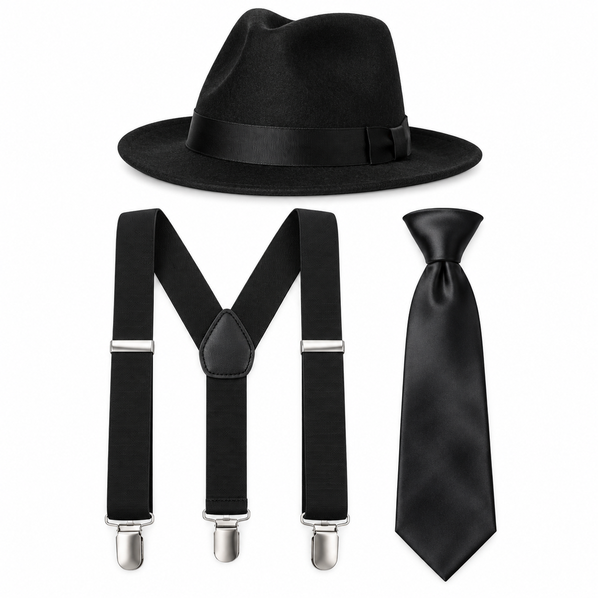 A black fedora hat, black suspenders with silver metal clips, and a black satin necktie arranged on a plain white background.